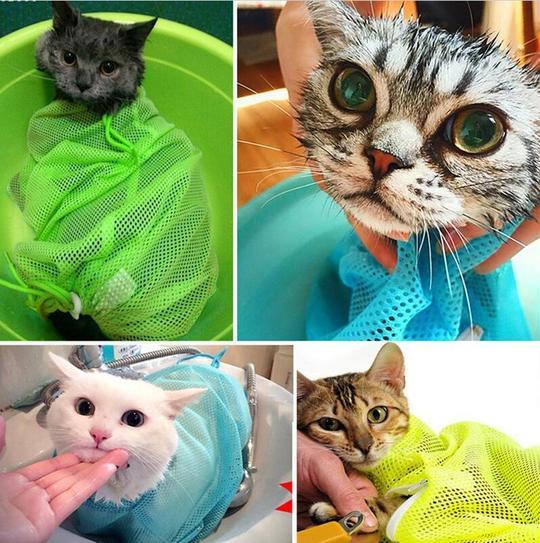 Pet Soft Cat Grooming Bag Adjustable Multifunctional Polyester Cat Washing Shower Mesh Bags Pet Nail Trimming Bags Purrfect Pawz