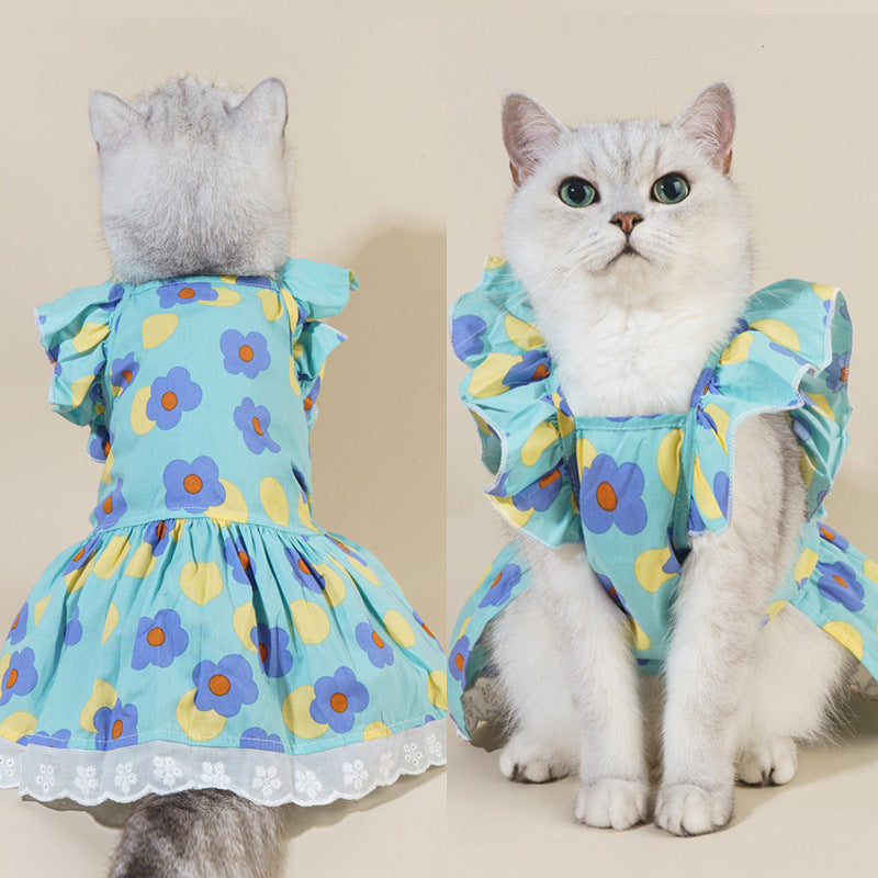 Spring And Summer Dog Clothes Cat Clothing Pet Cotton Floral Slip Dress Mesh Skirt Dress Purrfect Pawz