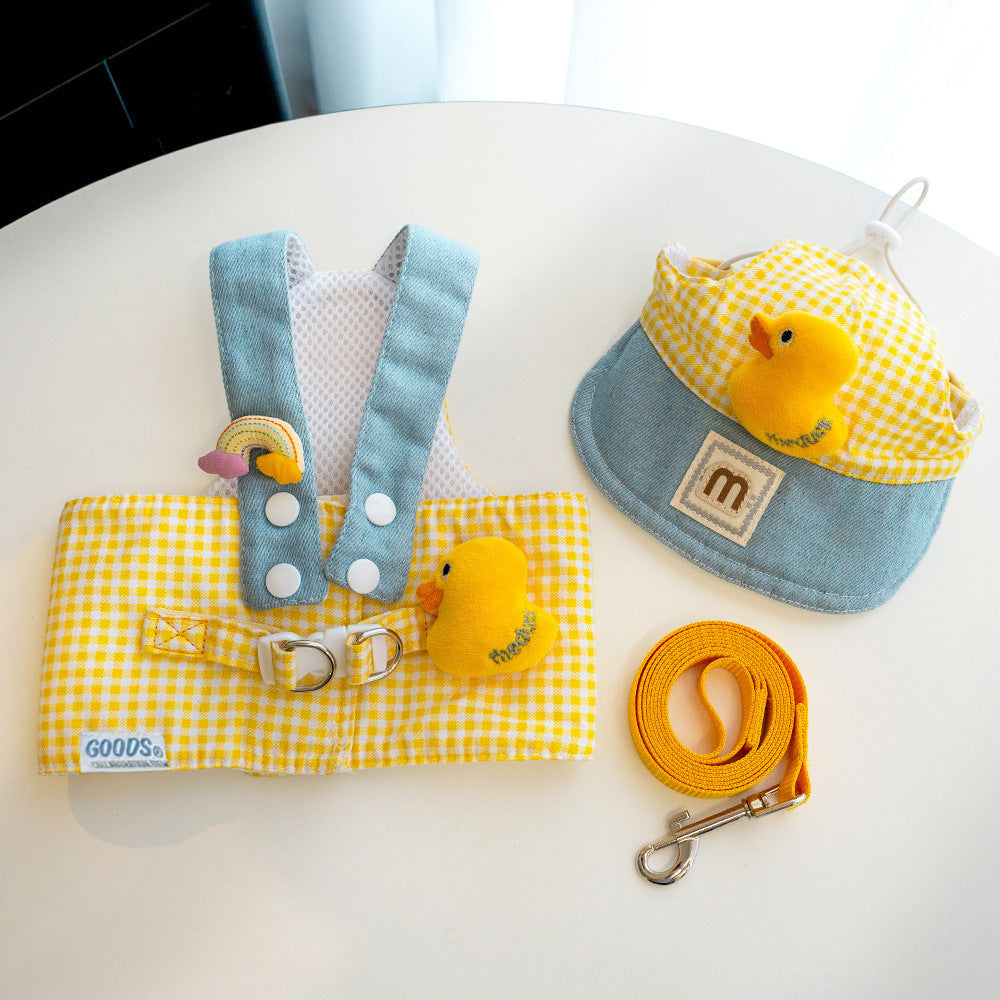 Spring Summer Pet Wire Rope Pulling Rope Cute Hat Three Piece Cat Clothes Outgoing Pulling Set Dog Harness And Leash Set Purrfect Pawz