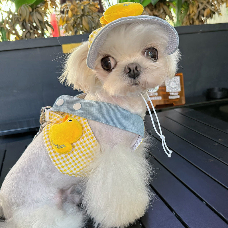 Spring Summer Pet Wire Rope Pulling Rope Cute Hat Three Piece Cat Clothes Outgoing Pulling Set Dog Harness And Leash Set Purrfect Pawz